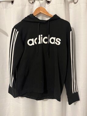 adidas Black Hoodie with White Logo and Sleeve Stripes